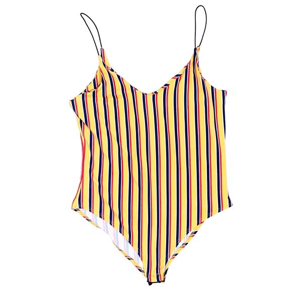 GAZE Colorful Striped Bodysuit Spaghetti Strap V-Neck Yellow Blue Red Size Large - Picture 1 of 4